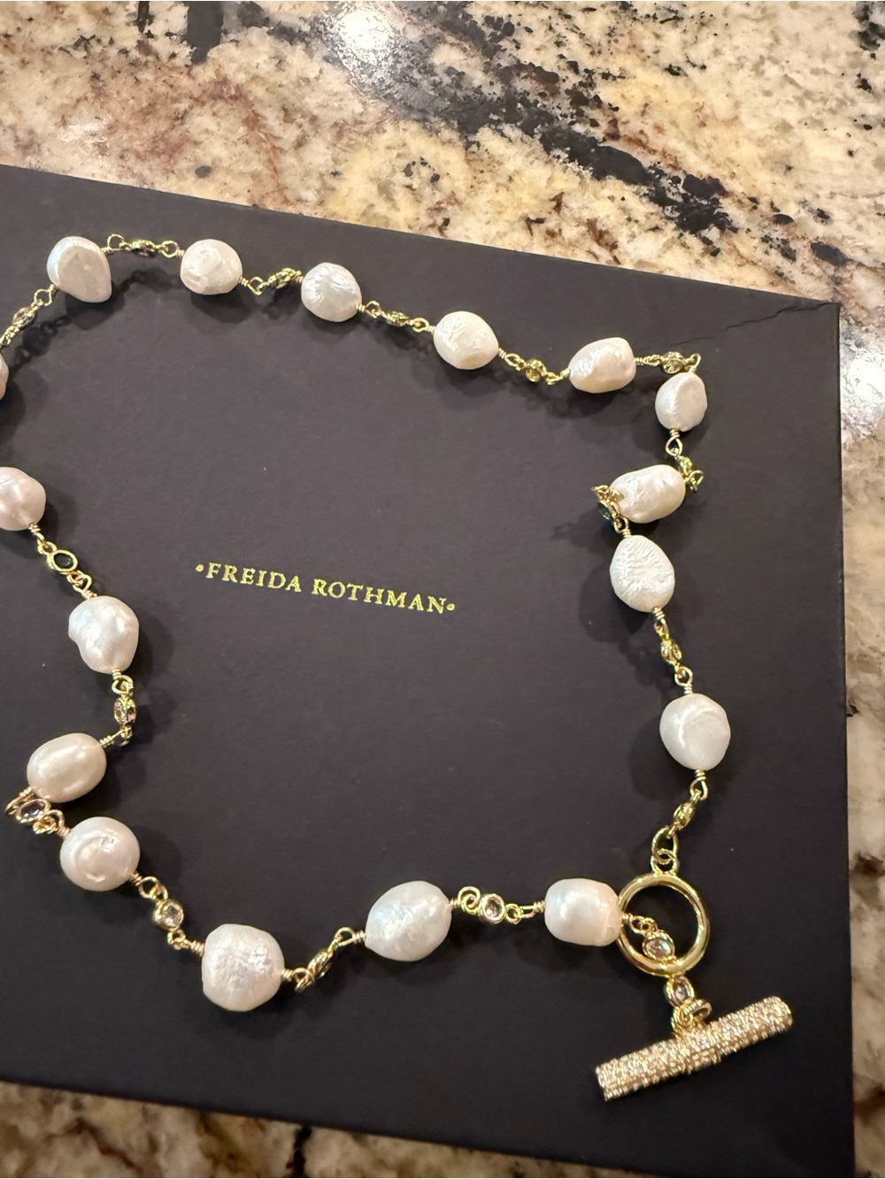 Freida Rothman Gold & White Pearl Toggle Necklace